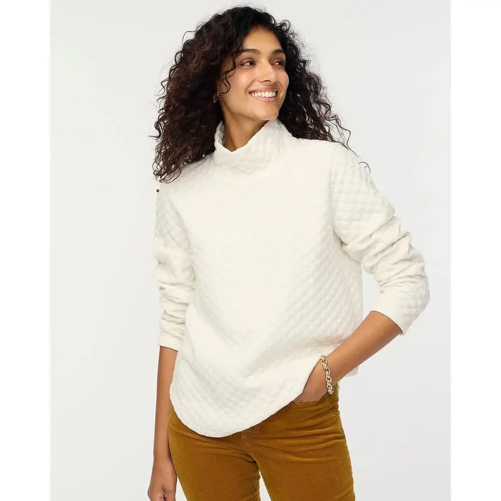 J. Crew Quilted Mock Neck Pullover Sweater Long Sleeve Ivory Size Medium NWT